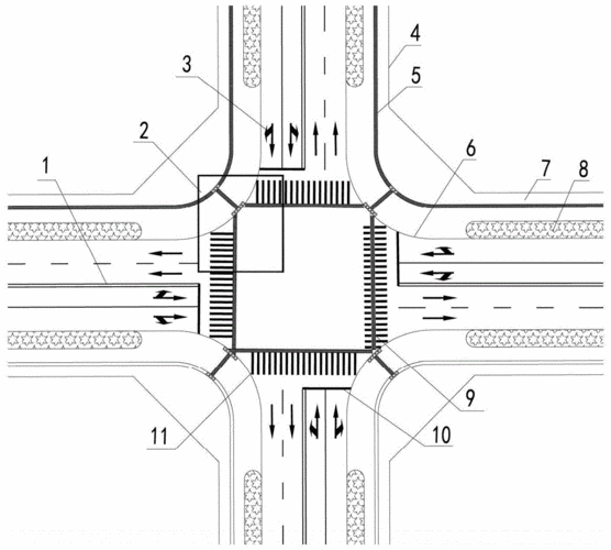 本实用新型属于城市道路交叉路口设计领域,尤其是涉及一种融合盲道的
