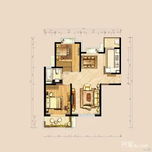 52万86平米现代两房装修效果图,现代简约主流设计二居室装修案例效果