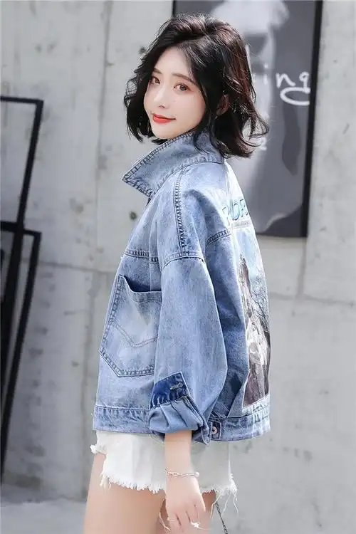【可发货】小清新宽松bf简约短款夹克牛仔衣女学印花牛仔外套潮