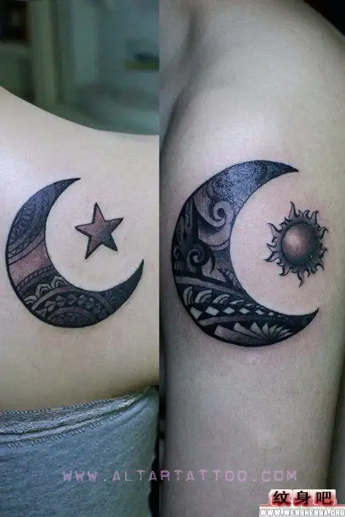 手臂情侣月亮纹身作品