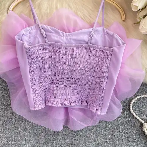 夏日穿搭女甜辣妹出游炸街吊带背心高级感欧根纱花朵抹胸法式上