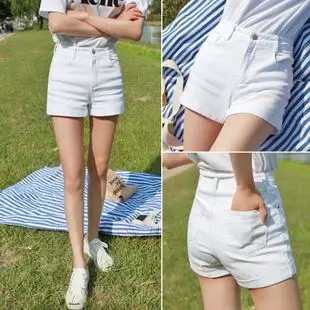 夏季韩国高腰大码白色牛仔短裤女胖妹妹百搭卷边宽松a字阔腿热裤