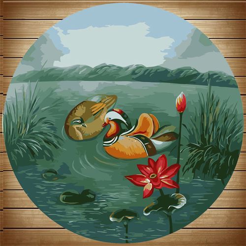 diy/数字油画圆形手绘填色鸳鸯戏水玄关装饰油彩画客厅卧室装饰画