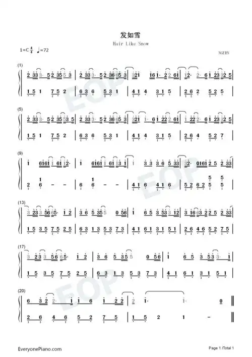 发如雪-c调简单版双手简谱预览1