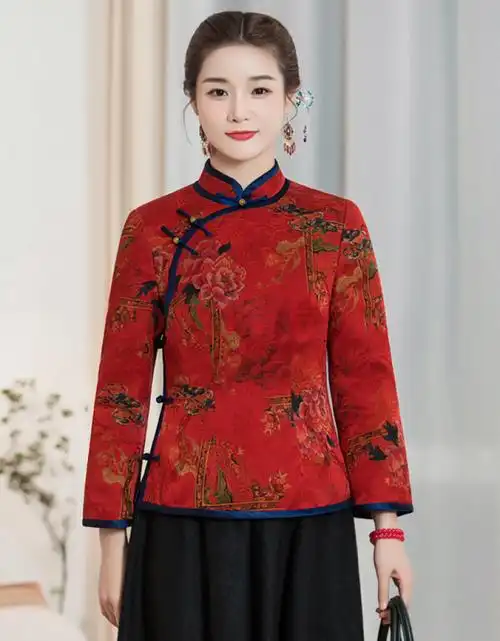 华族经典香云纱红色唐装女装中国风妈妈秋冬加厚复古中式盘扣上衣 红