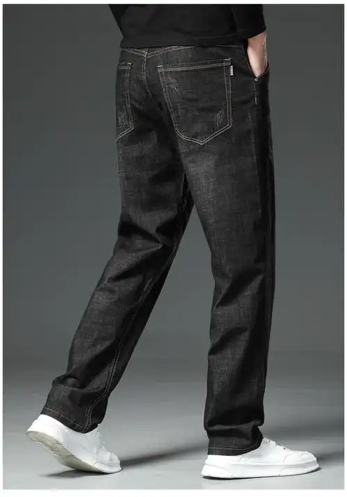 高端黑色牛仔裤男士直筒宽松黑灰色超软阔腿大码大脚口秋冬款长裤黑色