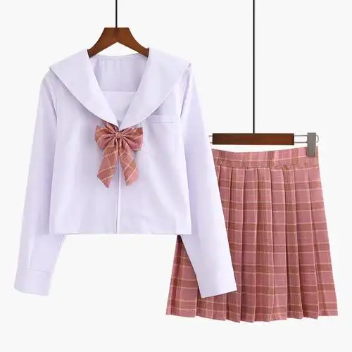 白无本关西襟格子裙套装纯白襟百搭基本款 全白水手服女长 咖啡格子裙