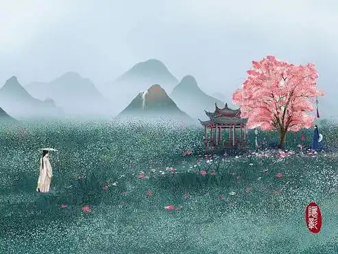 古风意境水墨插画古建筑凉亭水墨山水等待守候相约约定