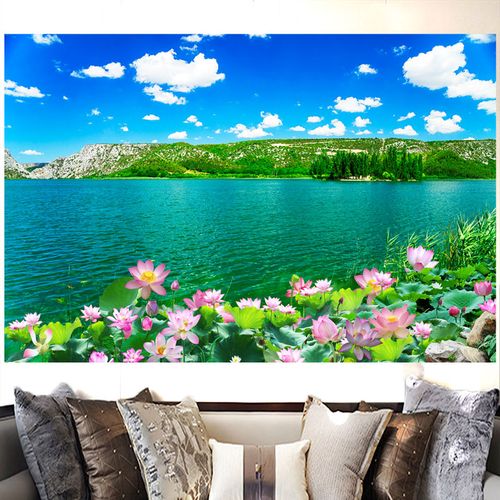 平静的湖水荷花美景山水自粘画客厅办公室背景墙装饰画蓝天白云画