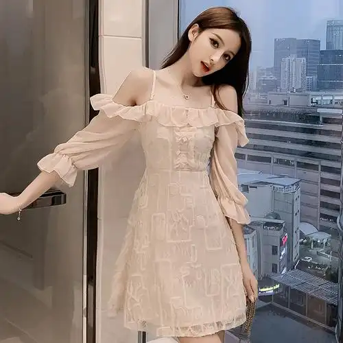 韩版甜美蕾丝连衣裙高腰修身仙女一字领吊带露肩中袖礼服短款裙子
