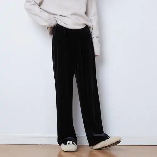 叠加优惠券]唐狮秋冬新款女黑色丝绒拖地裤宽松韩版学生外穿潮流休闲