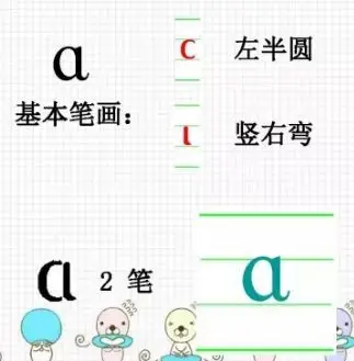 写的第一个拼音宝宝就是a,它分为两笔,小朋友仔细看下他们的笔画顺序