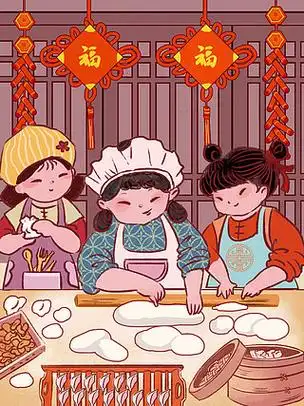 包饺子贴对联商用卡通人物场景老夫妻包饺子冬至传统冬天节气包饺子