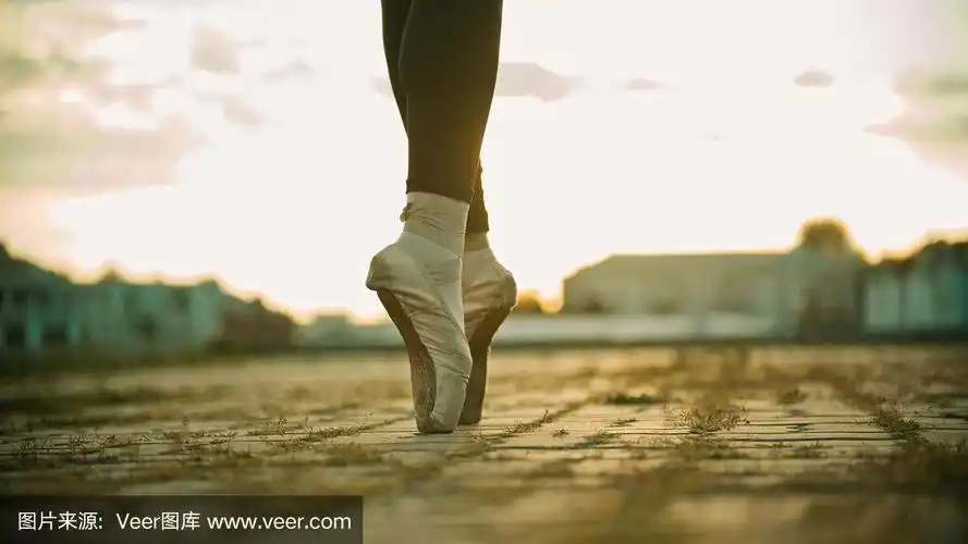 年轻女芭蕾舞演员的脚,踮着脚尖站在屋顶上——夕阳