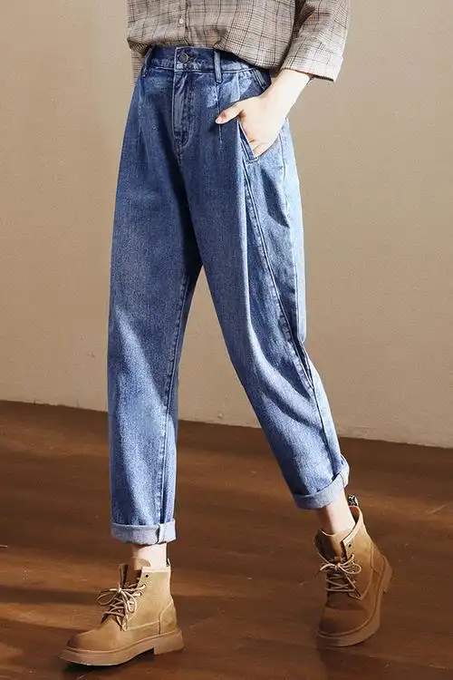 高腰老爹牛仔裤女宽松显瘦哈伦裤韩版时尚小脚裤褶皱可翻边奶奶裤