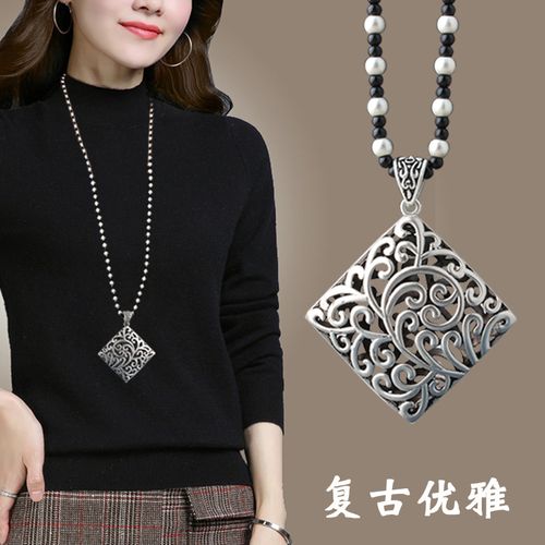 百搭藏银项链女文艺复古长命锁吊坠民族风长款毛衣链衣服配饰挂件
