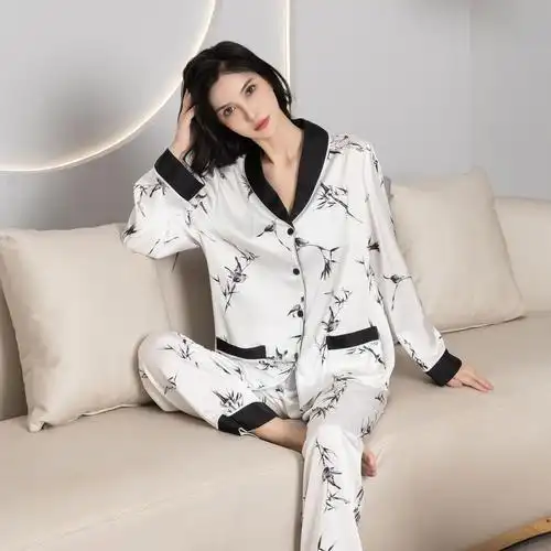 2023新款睡衣女春秋冰丝长袖青果领套装网红直播大码复古家居服夏