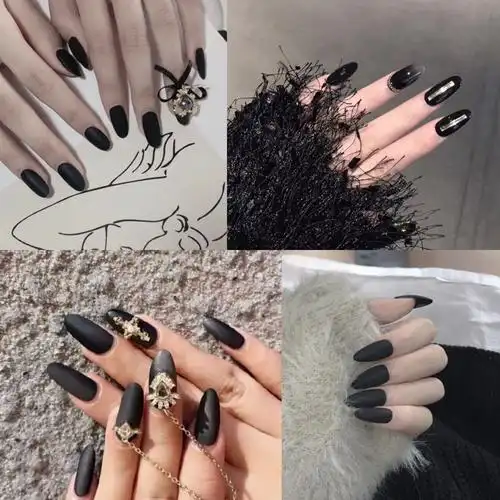 欧美穿戴美甲片成品尖头长款磨砂夜店朋克哥特暗黑色手假指甲贴片