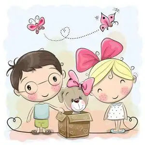 男孩和女孩与可爱的小狗照片