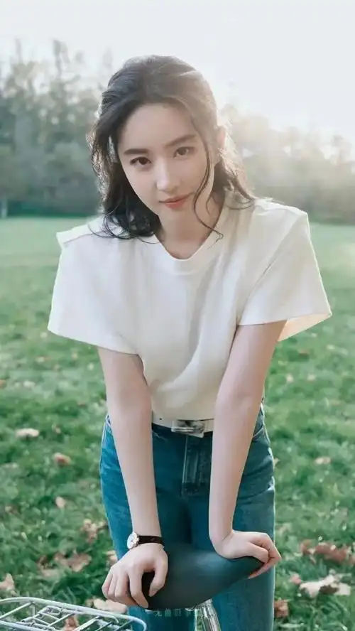 天仙刘亦菲t恤牛仔裤自行车少女感十足手机壁纸