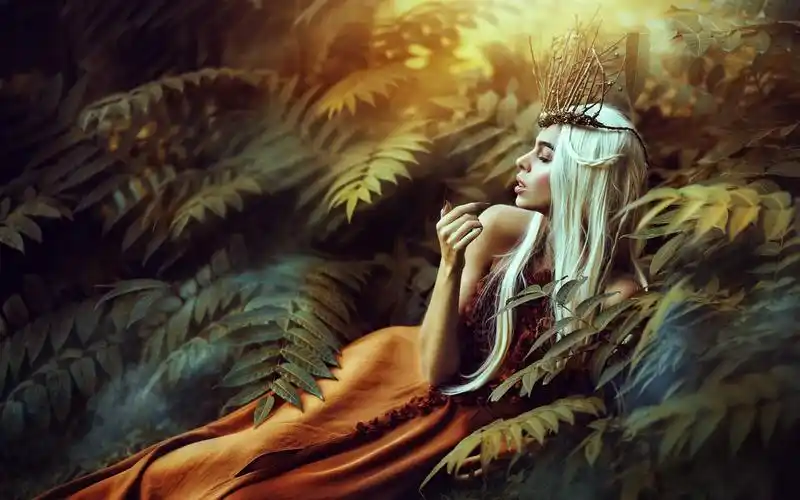 壁纸 白色的长头发的女孩,叶子,灌木丛