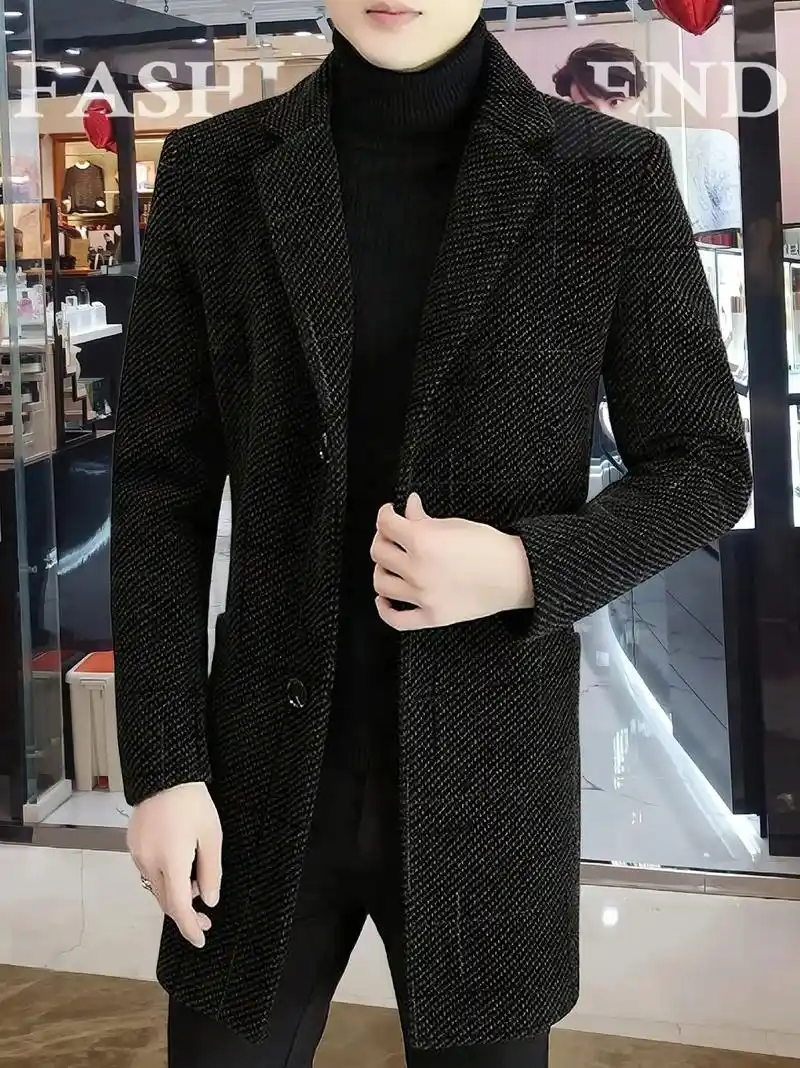 高档男士中长款加棉加厚外套毛呢大衣