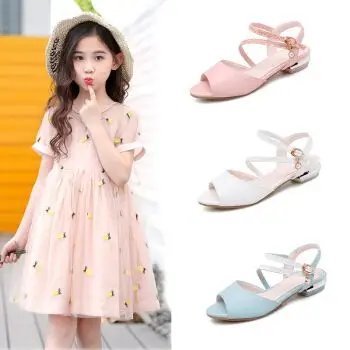 12岁儿童公主鞋韩版鱼嘴高跟鞋夏季小女孩露趾水晶鞋 粉色 34码脚长