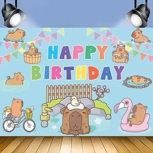 新款卡通水豚主题婴儿生日派对拍照横幅装饰用品亚马逊摄影背景布