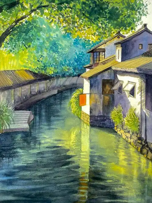 之前那张江南水乡照片写生的步骤图