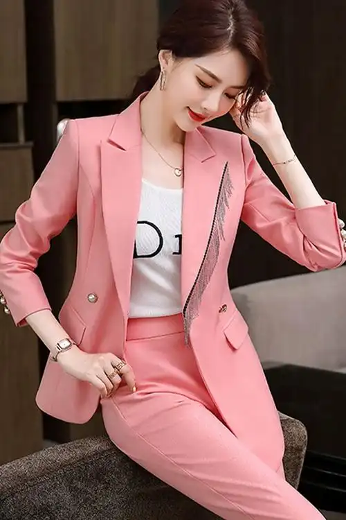 英伦风高端时尚粉色西装外套女秋冬韩版气质职业装洋气小西服套装