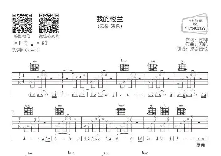 我的楼兰吉他谱_云朵_d调弹唱六线谱_弹手吉他上传