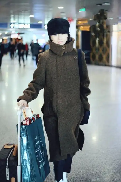 董洁的机场穿搭真简约,"大地色大衣 直筒裤",虽低调却很高级|毛衣