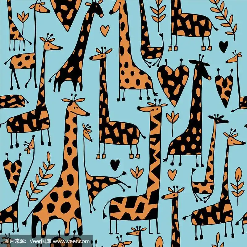 有趣的长颈鹿素描无缝图案你