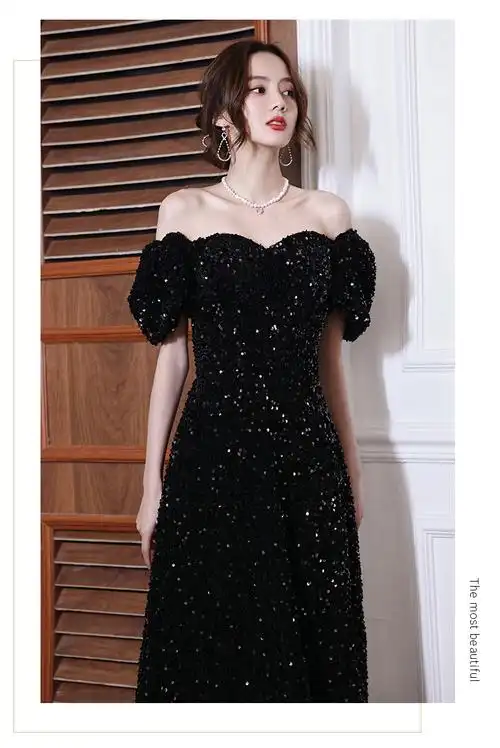 重工黑色晚礼服裙女宴会亮片轻奢小众高端主持人洋装演出赫本夏季