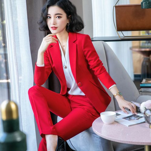 红色西装套装女气质时尚高端总裁职业正装西服酒店前台面试工作服