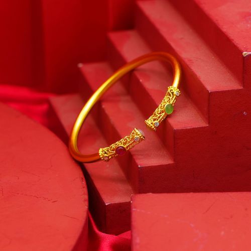 925银古法手镯女银饰银镀金银镯子国风手环级感镶天然碧玺