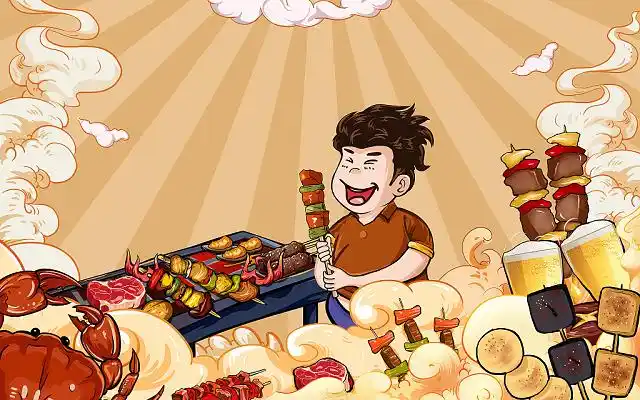 户外野餐烧烤自助户外bbq烧烤架自助烧烤插画烧烤烤串插画卡通烧烤