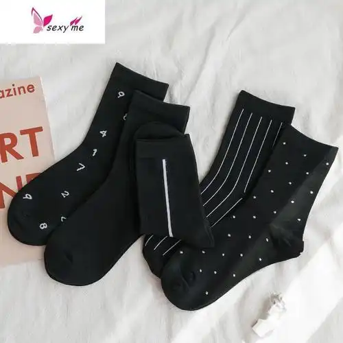 袜子女中筒黑色潮ins条纹常规夏季百搭韩版ulzzang棉长袜fishbasket