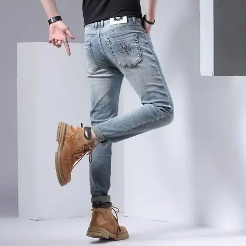 弹力纯棉休闲男裤男士子直筒修身高端奢侈品奇阿玛尼亚浅色牛仔裤