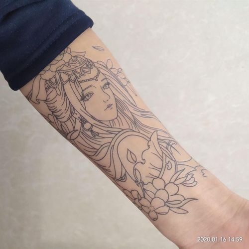 割线半臂线条刺青色艺妓花臂纹身贴貂蝉滴泪艺伎纹身防水持久逼真