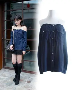 2014/a-bow 原创设计 特殊材质透明肩带随意感牛仔上衣 【实拍】