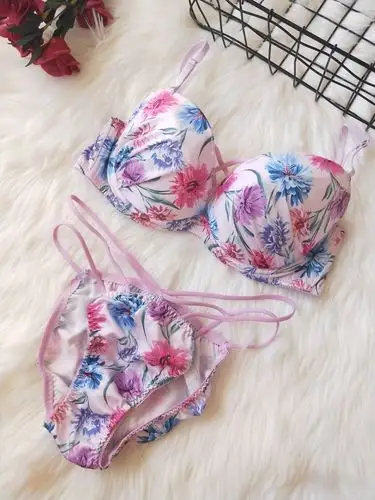 rs003出口日本r家丝面印花钢圈文胸聚拢绑带内衣套装