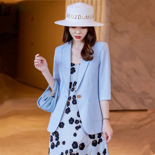 浅蓝色休闲小西装女薄款外套设计感小众气质小个子七分袖西服上衣