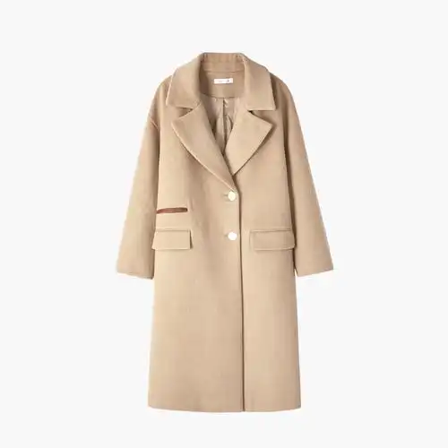 爱居秋冬女装毛呢外套时尚卡其色气质翻领腰带毛呢外套