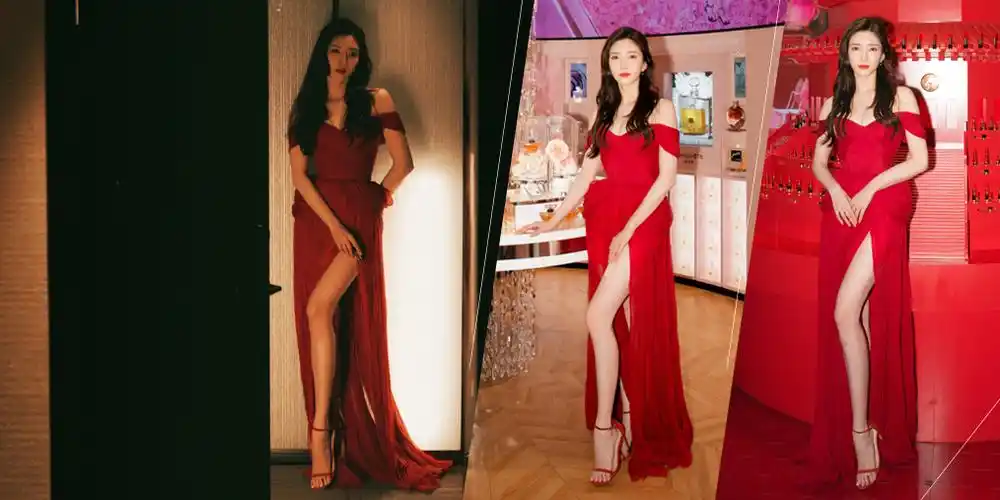 江疏影穿红色纱裙秀修长美腿