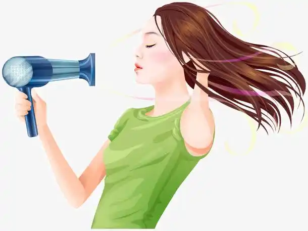 手绘插图美女吹头发侧面