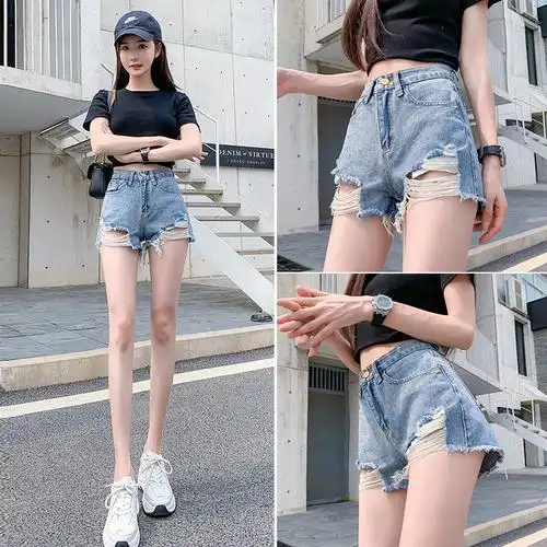 破洞牛仔短裤女年新款夏季宽松高腰外穿网红a字超短热裤潮ins