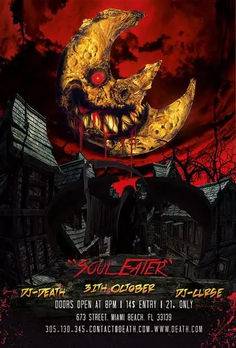 d187万圣节恐怖之夜月死神镰刀滴血鬼屋psd设计素材海报宣传单