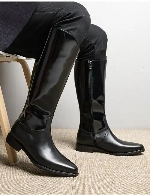 男士马靴长筒靴冬季长筒靴男美尖头皮靴马术长靴子高筒靴骑士靴 黑色