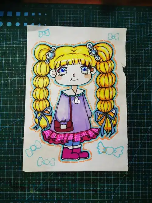马克笔q版动漫,儿童画《双马尾女孩》_动漫_儿童画_双马尾_马克笔